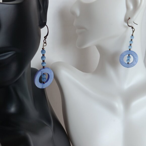Handmade Periwinkle Blue Earrings With Dyed Shells and Banded Agate Beads - Picture 7 of 16